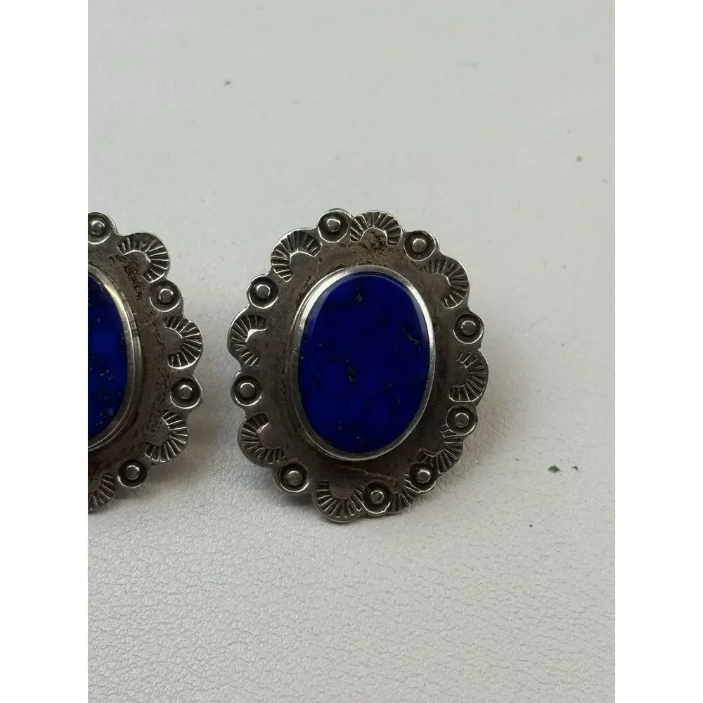 SAUL TM-142 Sterling Silver Pierced Earrings Mexico Vintage Lapis (posts not ss)